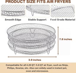Geschikt voor 7-8 inch Airfryer-accessoires- 3 stapelbare roosters voor instant vortex- Nuwave Airfryer- Ninja Foodi Grill- meerlagig grillrooster van roestvrij staal 304- geschikt voor 5-8 liter Airfryer-oven — thumbnail 4