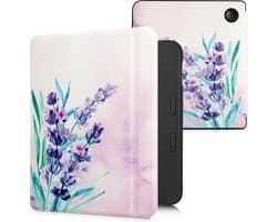 kwmobile e-reader hoesje geschikt voor Kobo Libra 2 hoes - E reader flip case met magnetische sluiting - Ereader cover - Lavendelbloemen design in paars / turquoise / paars