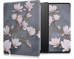 kwmobile e-reader hoesje geschikt voor Amazon Kindle Oasis 10. Generation hoes - E reader flip case met magnetische sluiting - Ereader cover - Zwart-witte bloemen design in wit / zwart