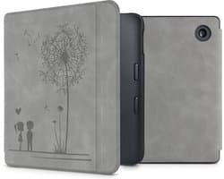kwmobile e-reader hoesje geschikt voor Kobo Libra 2 hoes - Ereader flip case met standaard - Kunstleren e reader cover - Paardenbloemen Liefde design in grijs