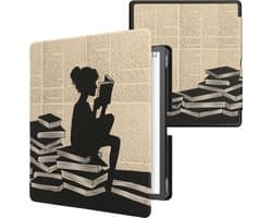 kwmobile e-reader hoesje geschikt voor Amazon Kindle Scribe (2022/2024) hoes - E reader flip case met magnetische sluiting - Ereader cover - Meisje met boeken design in zwart / beige