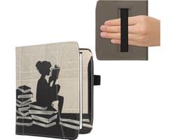 kwmobile flip cover geschikt voor Pocketbook Era / Era Color - Hoes met handgreep en voorvak voor e-reader - Book case in zwart / beige - Meisje met boeken design