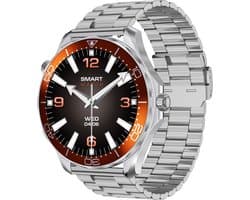 WizBay Premium Select® 1.53 inch HD TFT - Bluetooth Bellen - Message - Dynamic Hartslag & Slaap Monitor - Bloeddruk & Bloedzuurstofmeting - 100+ Sport Modi - 400mAh - Wireless Laden - Zilveren Case - RVS Zilver Band met Extra Oranje TPU Band