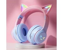 Koptelefoon Kinderen - headset draadloos - LED verlicht - kat - kattenoortjes - opvouwbaar - bluetooth - 10 uur batterijleven - Roze