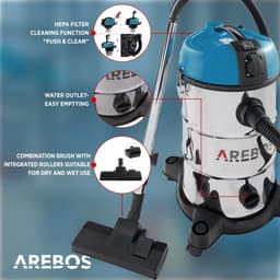 AREBOS Industriële stofzuiger | geel | inhoud 30 liter | 1300 W | met extra stopcontact | uitblaasfunctie | ideale natte droge stofzuiger | ook voor aszuigen — thumbnail 5