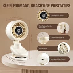 Clipventilator – Oplaadbare USB Tafelventilator – Fluisterstil – Oscillerend – Timer – 3600 mAh – Wit — thumbnail 2
