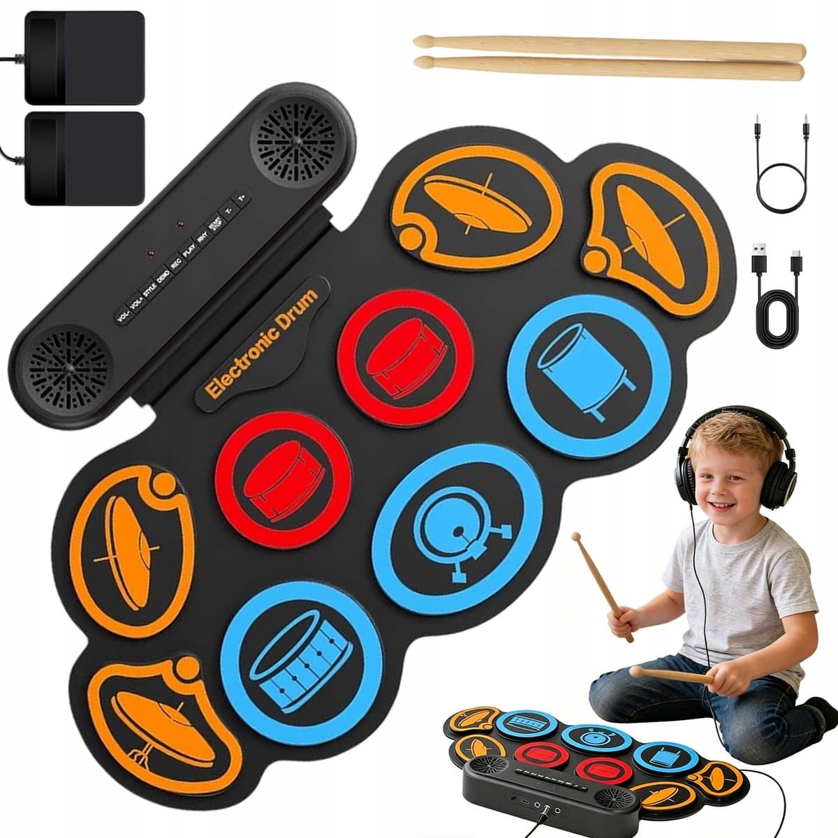 Elektrisch Drumstel - Muziek Speelgoed - Kinder Drumstel - 9 Drumpads - Dubbele Stereoluidsprekers & Drumsticks & Voetpedalen - Opvouwbaar - USB/MIDI - 30x49 cm - Digitaal Drumstel - Voor Kinderen en Beginners — afbeelding 1