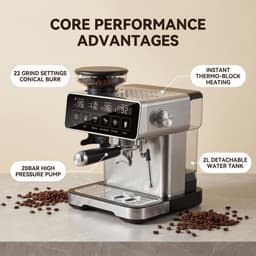 Bresco® Barista Touch Espressomachine – Pistonmachine met Koffiemolen – RVS Koffiemachine melkopschuimer – Bonenmaler – Brushed Stainless Steel — thumbnail 2