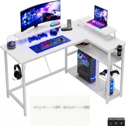 Devoko L-vormig Bureau 140x50/80x75 cm - Gaming Hoekbureau met Stopcontact, 2 USB-poorten en LED Lichtstrip - 100 kg Draagvermogen - Bekerhouder en Haak - witte carbon look — thumbnail 1