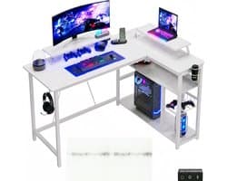 Devoko L-vormig Bureau 140x50/80x75 cm - Gaming Hoekbureau met Stopcontact, 2 USB-poorten en LED Lichtstrip - 100 kg Draagvermogen - Bekerhouder en Haak - witte carbon look