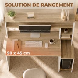 Computerbureau, 114 x 45 x 138 cm, bureau met opbergruimte, open planken en pc-houder, wit en naturel hout — thumbnail 3