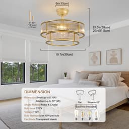 19 inch kristallen plafondventilator met dubbele verticale balk (goud) - App-bediening - 6 snelheidsstanden - Geluidsarm - ABS-bladen - Ideaal voor slaapkamer en kinderkamer — thumbnail 3