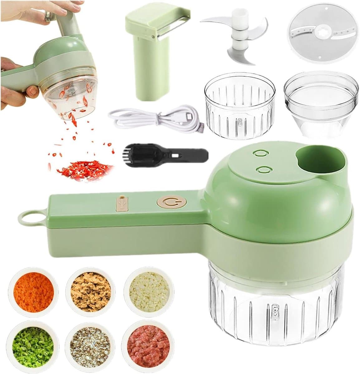 Elektrische Groentesnijder - Keukenmachine Hakker - Maaltijden Bereiden - 4-in-1 Multifunctioneel - 8 x 20.5 x 9.5 cm - Groen — afbeelding 1
