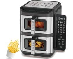 Luchtfriteuse Dubbele Mand - Airfryer Twee Bakken - Gezond Koken - Dubbele Kijkvensters - 12L Totaal - Zwart