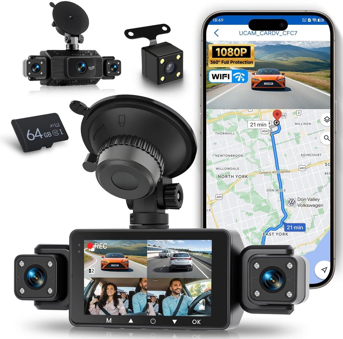 SnelShoppen - WiFi 4-kanaals dashcam auto 1080p 360° voor en achter met lusopname, G-sensor, nachtzicht, bewegingsdetectie, app-bediening, belichtings — afbeelding 1