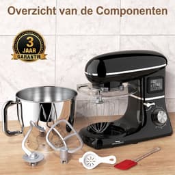 SHANNA Digitale Keukenmachine – 1600W Zuiver Koper – Standmixer – Bakmachine - 6,2L RVS Mengkom – Met LCD Timer, Deeghaak, Garde en Complete Bakaccessoires – Zwart — thumbnail 5