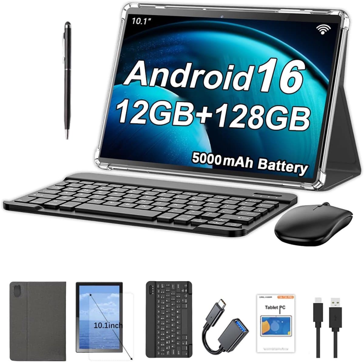 SnelShoppen - 10.1 Inch Android Tablet met 12GB RAM, 128GB Opslag, 5000mAh Batterij, 1280 x 800 Touchscreen, Bluetooth/WiFi, Inclusief Hoes, Toetsenbo — afbeelding 1