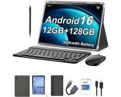 SnelShoppen - 10.1 Inch Android Tablet met 12GB RAM, 128GB Opslag, 5000mAh Batterij, 1280 x 800 Touchscreen, Bluetooth/WiFi, Inclusief Hoes, Toetsenbo