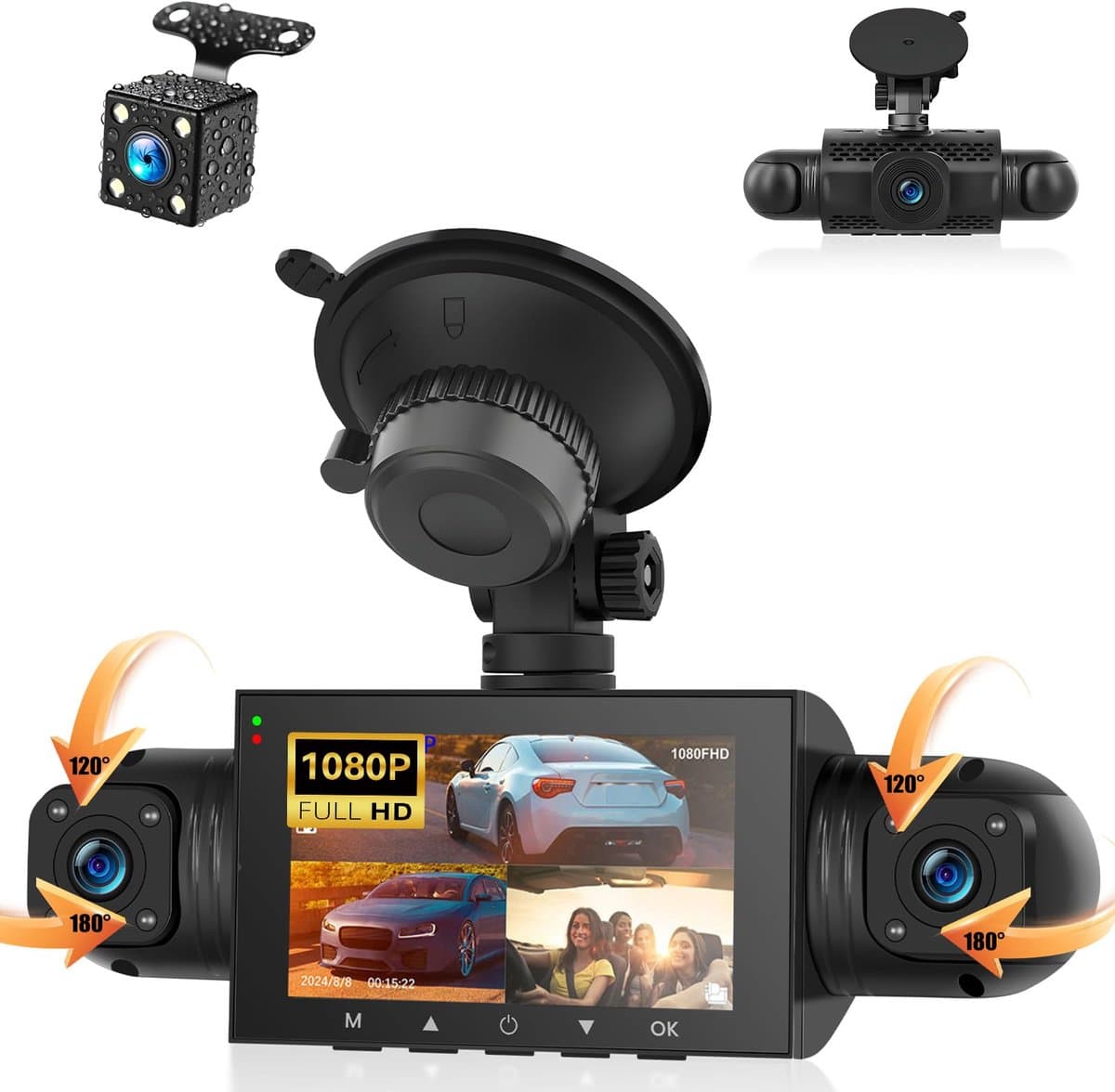 SnelShoppen - SIXTOP 360° 4-kanaals dashcam auto, 1080p camera's voor binnen en achter, 3 inch IPS-scherm, nachtzicht, 24-uurs parkeerbewaking, G-sens — afbeelding 1