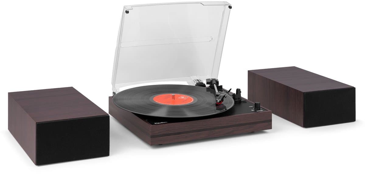 Platenspeler met speakers - Audizio Akron - LP speler - Bluetooth - AUX - 3 snelheden - Donkerbruin — afbeelding 1