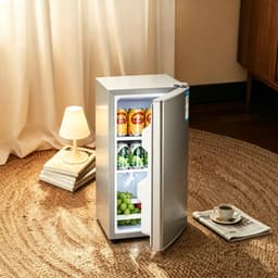 Zilverkleurige één‑deurs minikoelkast van 29 liter met alleen koelfunctie, energie‑efficiëntieklasse A, stil bedrijf van 38 decibel, afmetingen 55×40×39 cm, geschikt voor studentenkamers, kantoren en slaapkamers — thumbnail 1