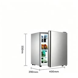 Zilverkleurige één‑deurs minikoelkast van 29 liter met alleen koelfunctie, energie‑efficiëntieklasse A, stil bedrijf van 38 decibel, afmetingen 55×40×39 cm, geschikt voor studentenkamers, kantoren en slaapkamers — thumbnail 3