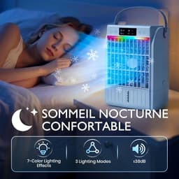 Sander Shop Mini-luchtkoeler, mobiel, 4-in-1 draagbare airconditioning, klein met afstandsbediening, 1500 ml watertank, 4 snelheden, 2 mistmodi, RGB-licht, timer, ventilator met waterkoeling voor keuken — thumbnail 4