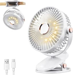 LISM - Draagbare clipventilator met LED-verlichting, USB-bureauventilator op batterijen, stille, oplaadbare mini-bureauventilator met 4 snelheden, 360° draaibare persoonlijke koelventilator Geschikt voor thuis, kantoor, kinderwagen en camping (wit) — thumbnail 1