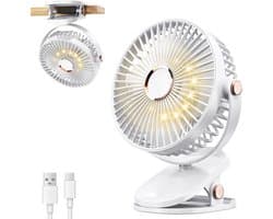 LISM - Draagbare clipventilator met LED-verlichting, USB-bureauventilator op batterijen, stille, oplaadbare mini-bureauventilator met 4 snelheden, 360° draaibare persoonlijke koelventilator Geschikt voor thuis, kantoor, kinderwagen en camping (wit)