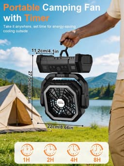 Campingventilator met LED Lantaarn 30000 mAh - Oplaadbare Tentventilator met Licht, Haak en USB - Desktopventilator voor Kamperen en Vissen - Zwart — thumbnail 2