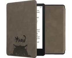 kwmobile e-reader hoesje geschikt voor Amazon Kindle Paperwhite 11. Generation 2021 hoes - Ereader flip case met standaard - Kunstleren e reader cover - Kat Meow design in grijs / zwart
