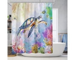 Floraweg Douchegordijn,Shower Curtain,badgordijn,badkamergordijn,Cartoon -stijl schildpadden in de zee , digitale printen -Anti Schimmel - Inclusief 12 ringen -met 12 stuks douchegordijnhaken – Waterdicht -Wasbaar- Polyester - 180x200 cm