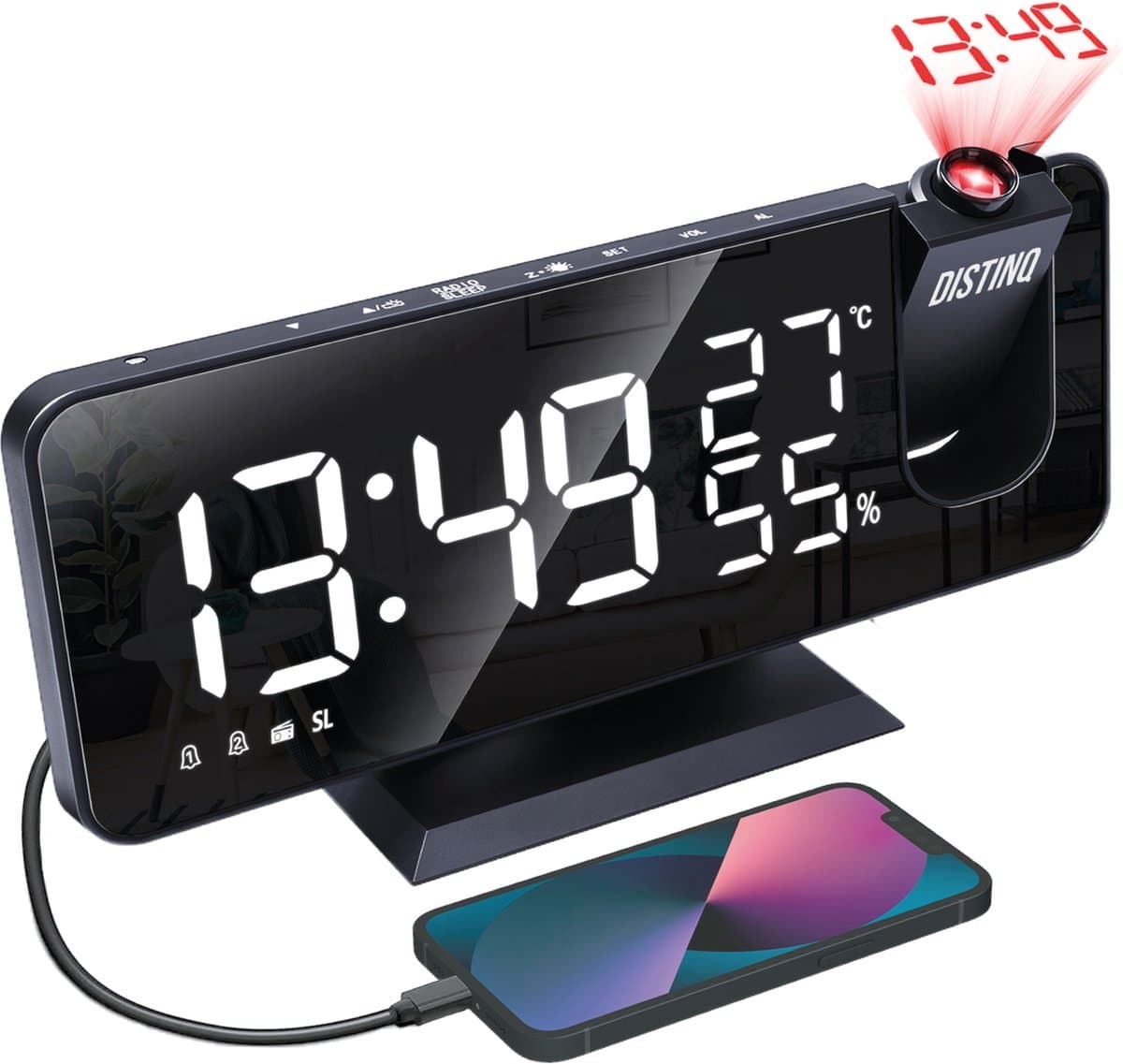 DistinQ Wekkerradio met Projectie en USB - Projectiewekker  - Weerstation temperatuur aanduiding - Snooze-functie — afbeelding 1