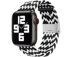 Strap-it nylon smartwatch bandje - geschikt voor Apple WatchSeries 1/2/3/4/5/6/7/8/9/10/11/SE/SE2/SE3/Ultra (2) - zwart/wit - gevlochten bandje geschikt voor iWatch - maat: 44mm / 45mm / 46mm / 49mm