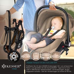 KESSER® Kinderwagen 3 in 1 Loops Wandelwagen Set incl. Autostoel & Reiswieg & Buggy Sportzitje - Massieve Rubberbanden - Luiertas / Regenhoes - Beige / Zwart — thumbnail 4