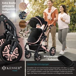 KESSER® Kinderwagen 3 in 1 Loops Wandelwagen Set incl. Autostoel & Reiswieg & Buggy Sportzitje - Massieve Rubberbanden - Luiertas / Regenhoes - Zwart / Roségoud — thumbnail 5