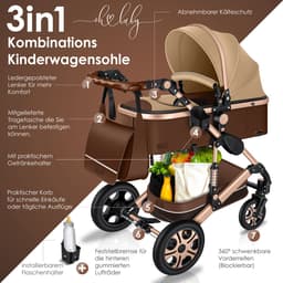 KESSER® Kinderwagen 3 in 1 Loops Wandelwagen Set incl. Autostoel & Reiswieg & Buggy Sportzitje - Massieve Rubberbanden - Luiertas / Regenhoes - Bruin / Champagne — thumbnail 3