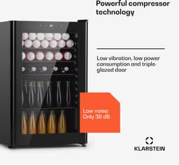 Klarstein Drankkoeler minikoelkast met glazen deur en ledverlichting, minikoelkast voor op de kamer, kleine met 4 uitneembare schappen, kleine koelkast 115 liter, koelkast voor binnen en buiten, stil, 0-10 °C - Drankkoelkast - voor Bar - Touch — thumbnail 4