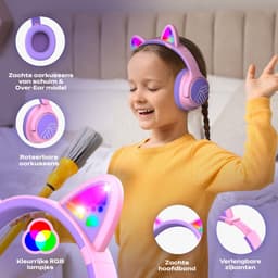PowerLocus Bobo - Draadloze Koptelefoon voor Kinderen - Bluetooth koptelefoon - 74/85/94dB Volumebegrenzing - Katten Oortjes - Led Verlichting - Paars/Roze — thumbnail 12