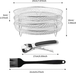 Airfryer-accessoires, 3-laags stapelbare droogrekken, roestvrijstalen Airfryer-mandlade Droogrek met olieborstel, voedselclip en verhogingsvoetjes, 304 RVS grillrek past op 4,2-5,8 QT Airfryer, oven — thumbnail 6
