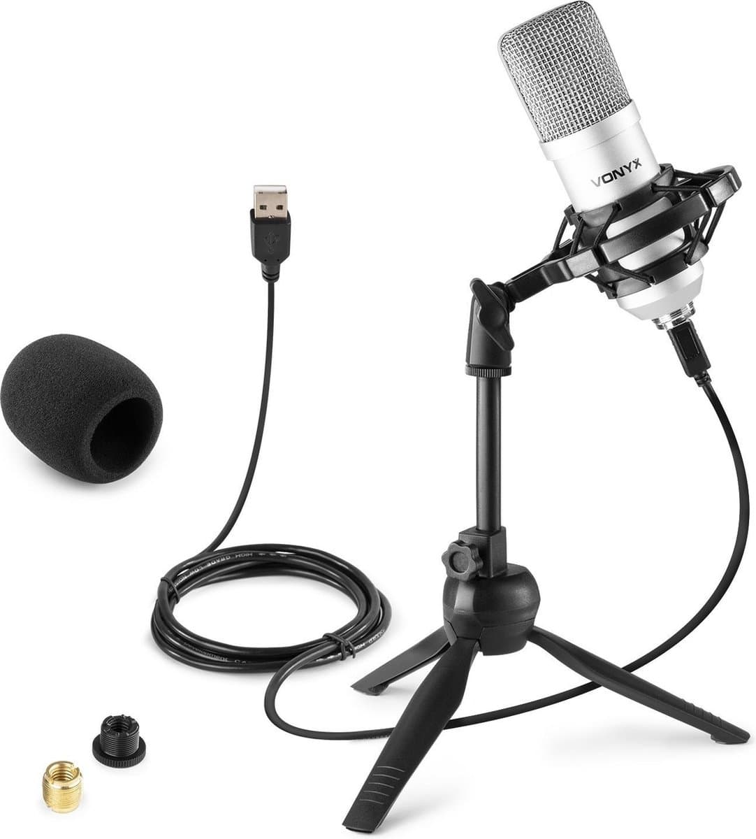 USB microfoon voor pc - Vonyx CM300S - USB studio microfoon incl. tafelstandaard - Titanium — afbeelding 1