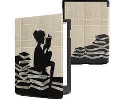 kwmobile e-reader hoesje geschikt voor Pocketbook InkPad 4 / Color 3 / Color 2 / Vivlio InkPad 4 / InkPad Color 3 hoes - E reader flip case met magnetische sluiting - Ereader cover - Meisje met boeken design in zwart / beige