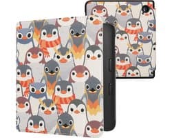 kwmobile e-reader hoesje geschikt voor Kobo Libra 2 hoes - E reader flip case met magnetische sluiting - Ereader cover - Pinguïn Ontwerp design in grijs / geel / bruin