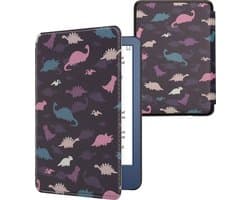 kwmobile e-reader hoesje geschikt voor Amazon Kindle (2022/2024) hoes - E reader flip case met magnetische sluiting - Ereader cover - Bonte dinosauriërs design in paars / geel / blauw