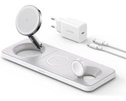Anker MagGo 3-in-1 Draadloos Oplaadstation - Qi2-gecertificeerd - 15W Draadloze Oplader voor telefoons, oordopjes en smartwatches - Inklapbaar en Draagbaar - Wit