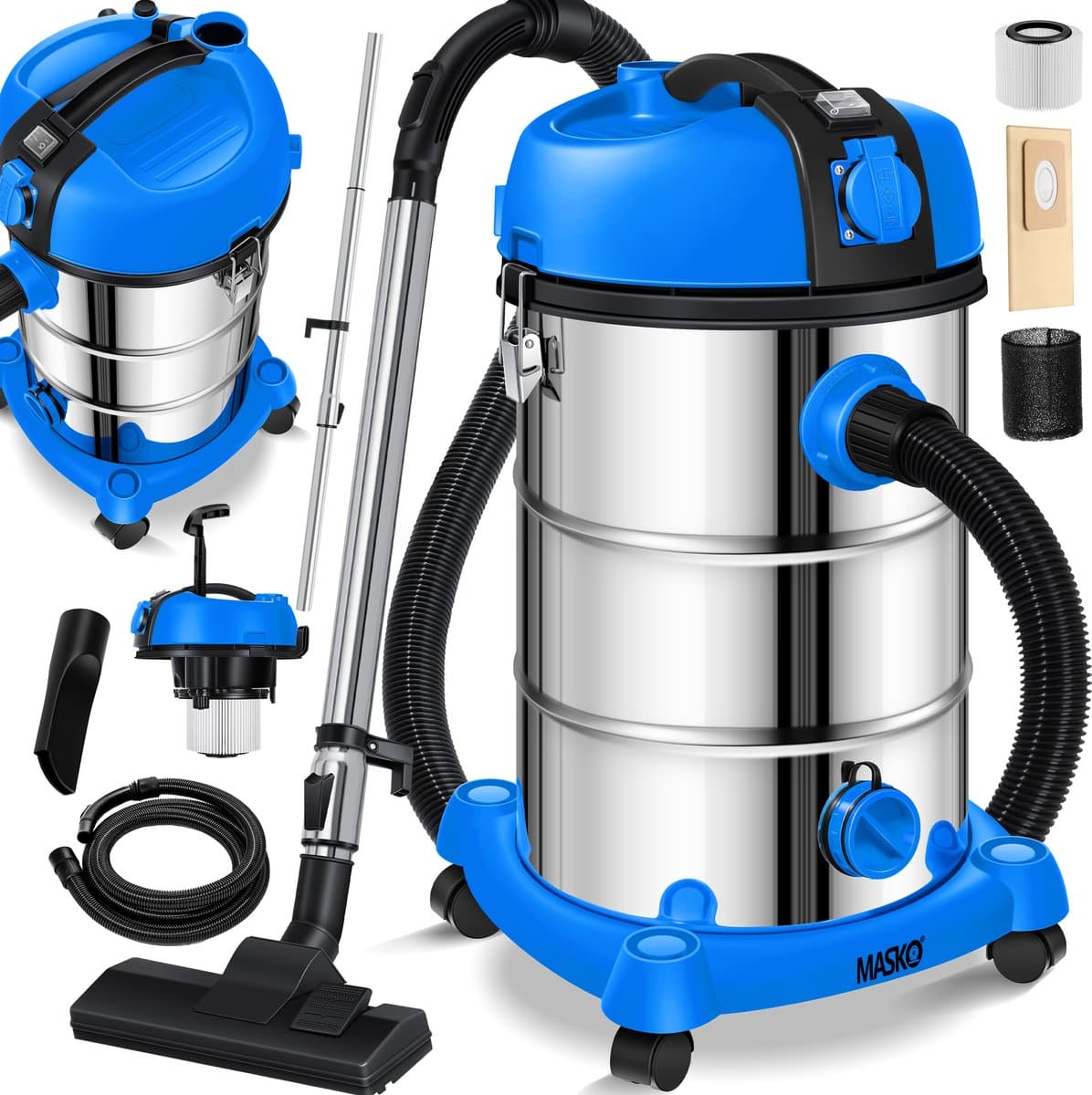 MASKO® industriële stofzuiger nat-droog roestvrij staal 2300W + stopcontact | blaasfunctie | droog en nat zuigen | Push&Clean | industriële stofzuiger met en zonder zak | zakloos - Blauw / Grijs — afbeelding 1