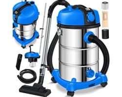 MASKO® industriële stofzuiger nat-droog roestvrij staal 2300W + stopcontact | blaasfunctie | droog en nat zuigen | Push&Clean | industriële stofzuiger met en zonder zak | zakloos - Blauw / Grijs