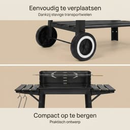 Barbecue Houtskool met Draaispit - Smoker BBQ met Warmhoudrek - Verstelbaar Kolenrooster - 49x29 cm Grilloppervlak - Zijplanken - Zwart — thumbnail 3
