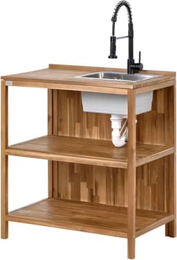 Buitenkeuken met spoelbak - Houten werktafel - Buiten koken - Weerbestendig acaciahout - 80x50x133 cm - Bruin — thumbnail 1