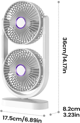 Ventilator - Tafelventilator - Fan - Bureauventilator - Stille ventilator met dubbele kop - Kantelbaar en oplaadbaar - Geluidsarme koeling - Mini-formaat - Geschikt voor thuis, kantoor en klaslokaal - wit — thumbnail 2